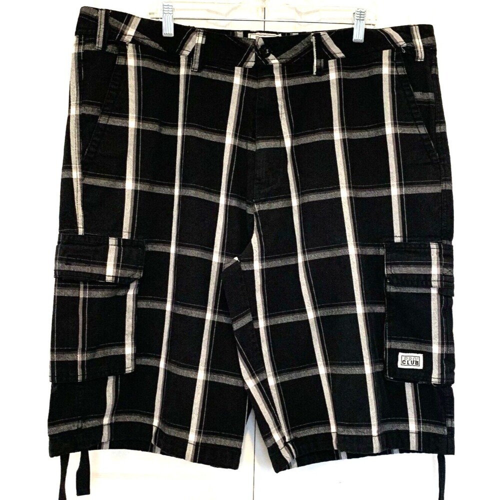 Pro Club Cargo Shorts Mens 44 100% Cotton 5 Pocket Black White Plaid Streetwear